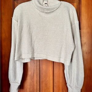 Free People Waffle Knit Mock Neck Long Sleeve Cropped Top Size Small Cozy Lounge